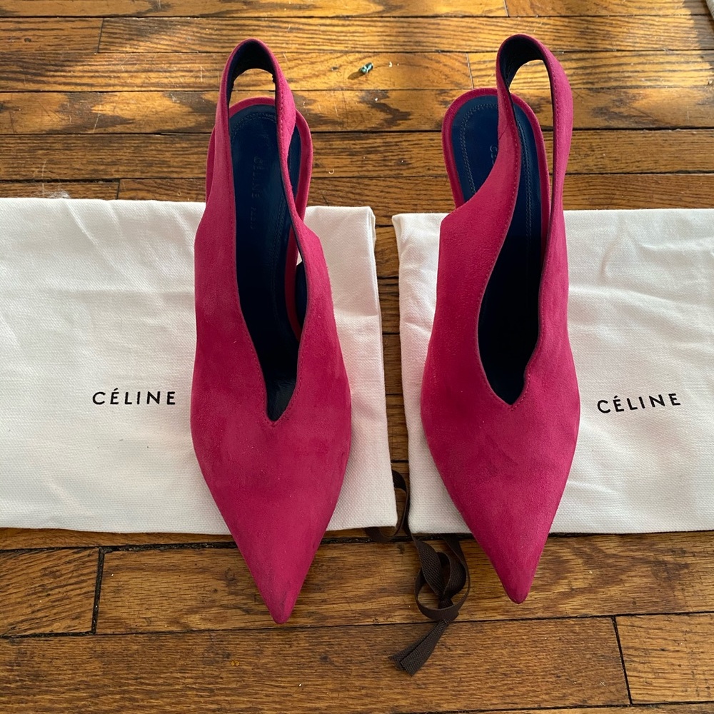 CELINE Pink Suede V Neck Slingback Sandals